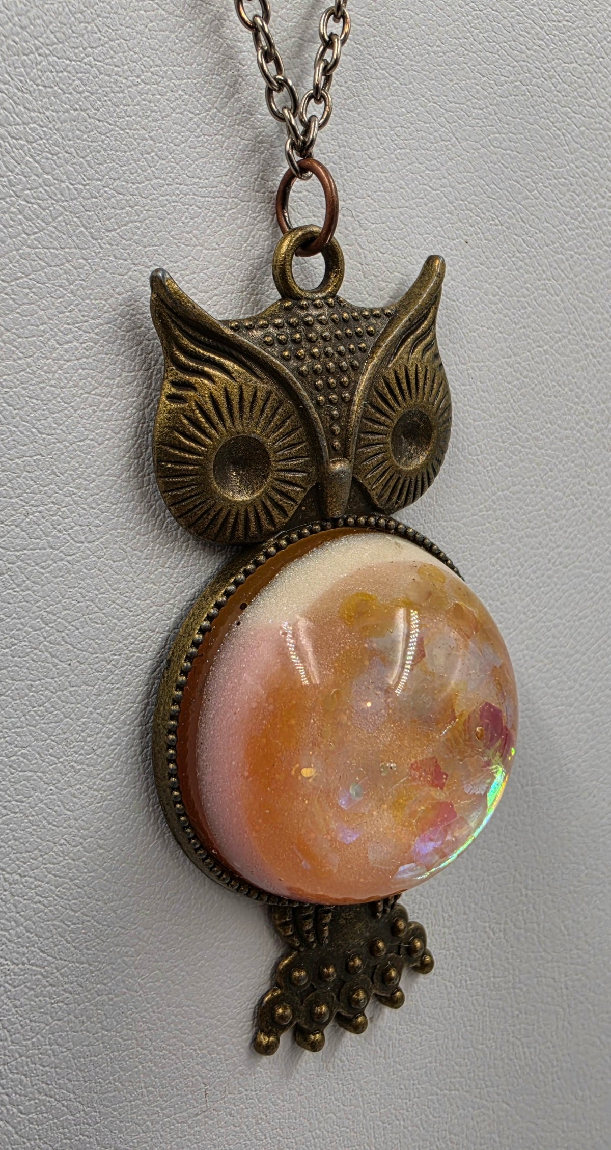 Brass/Bronze Textured Owl With Pink/Yellow/Orange Shimmery Iridescent Cabochon 16"-18" Necklace