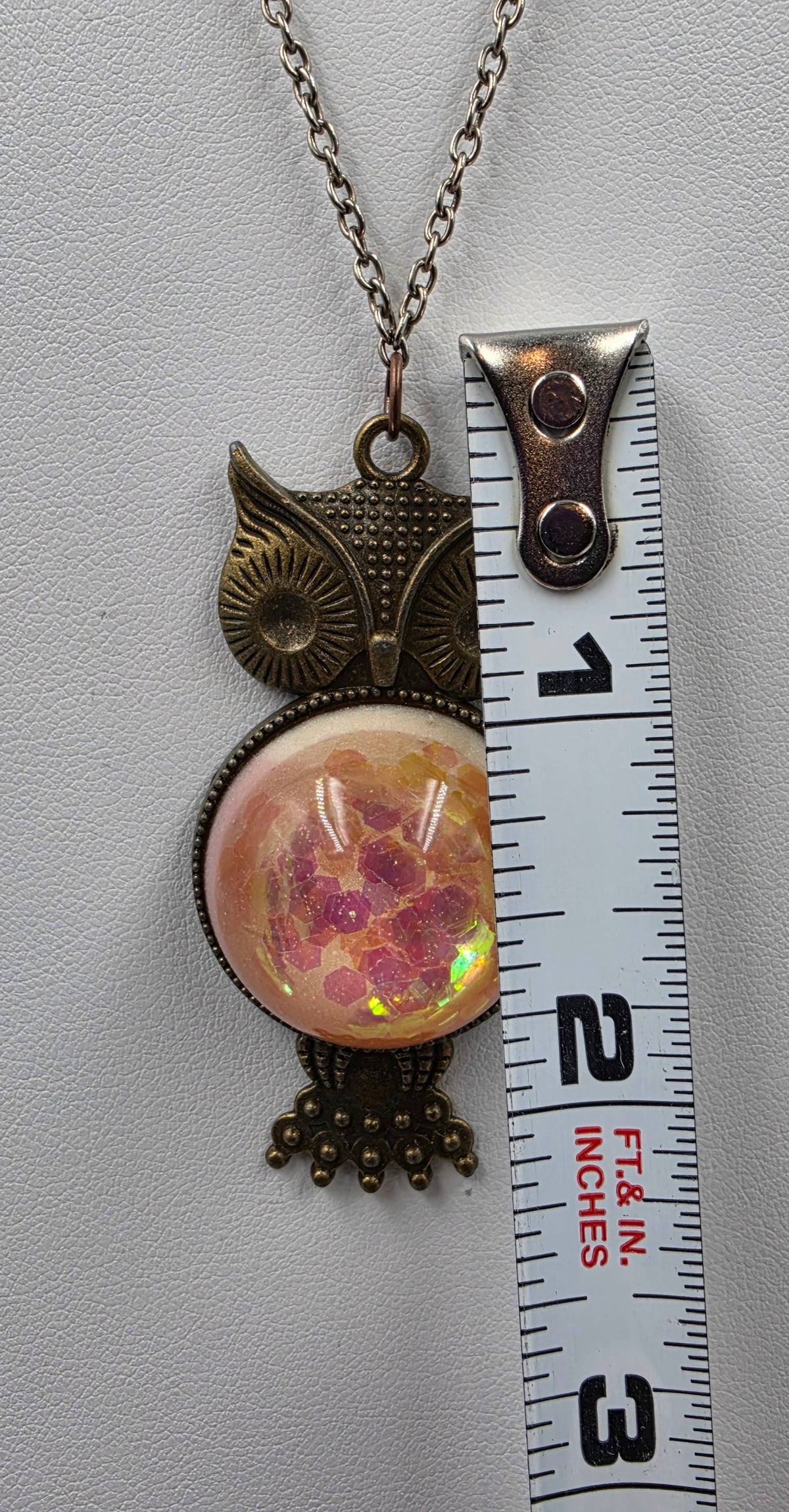 Brass/Bronze Textured Owl With Pink/Yellow/Orange Shimmery Iridescent Cabochon 16"-18" Necklace
