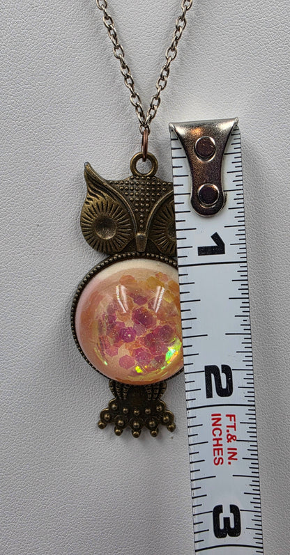 Brass/Bronze Textured Owl With Pink/Yellow/Orange Shimmery Iridescent Cabochon 16"-18" Necklace