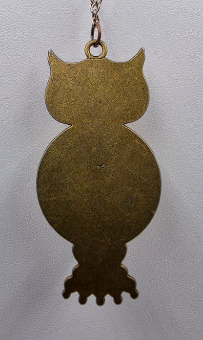 Brass/Bronze Textured Owl With Pink/Yellow/Orange Shimmery Iridescent Cabochon 16"-18" Necklace