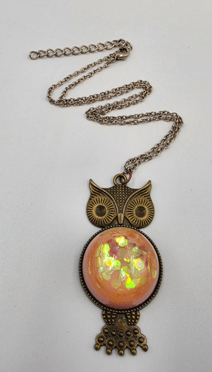 Brass/Bronze Textured Owl With Pink/Yellow/Orange Shimmery Iridescent Cabochon 16"-18" Necklace