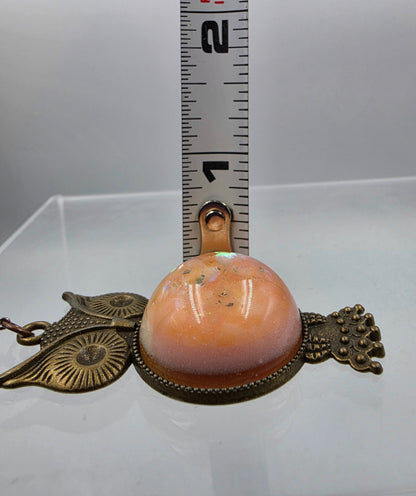 Brass/Bronze Textured Owl With Pink/Yellow/Orange Shimmery Iridescent Cabochon 16"-18" Necklace