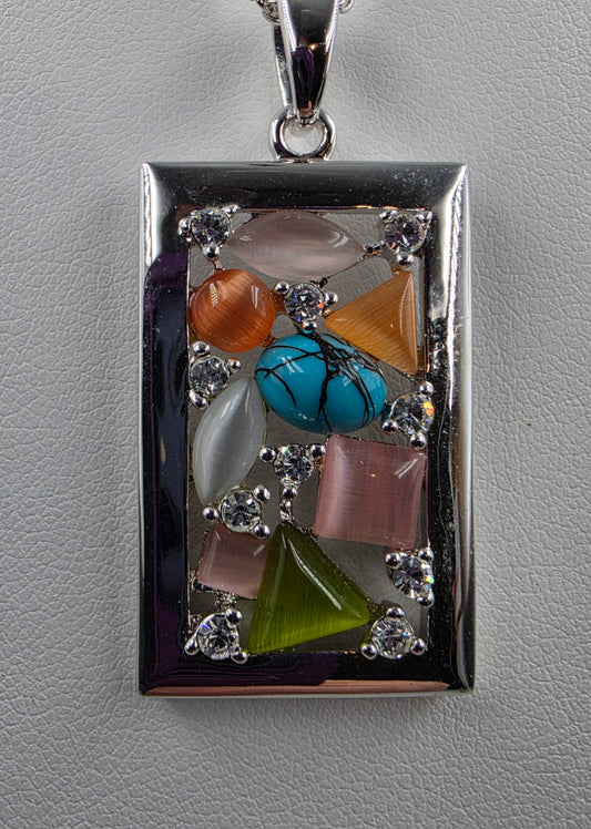 15"-18" Silver Tone Rectangular/Multi Glass Stone Pendant And Necklace