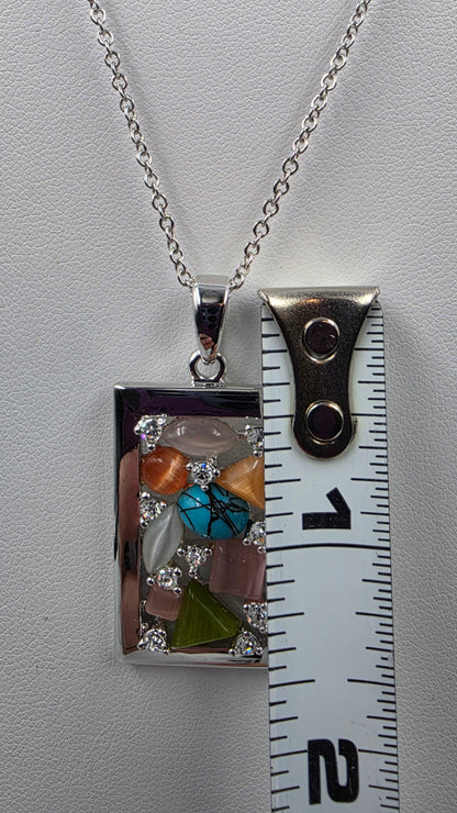 15"-18" Silver Tone Rectangular/Multi Glass Stone Pendant And Necklace