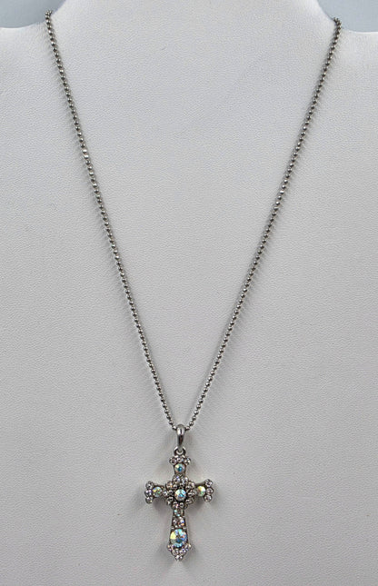 PREMIER DESIGNS Vintage 16"-19"  Silver Tone/Aurora Borealis Rhinestone Cross Necklace