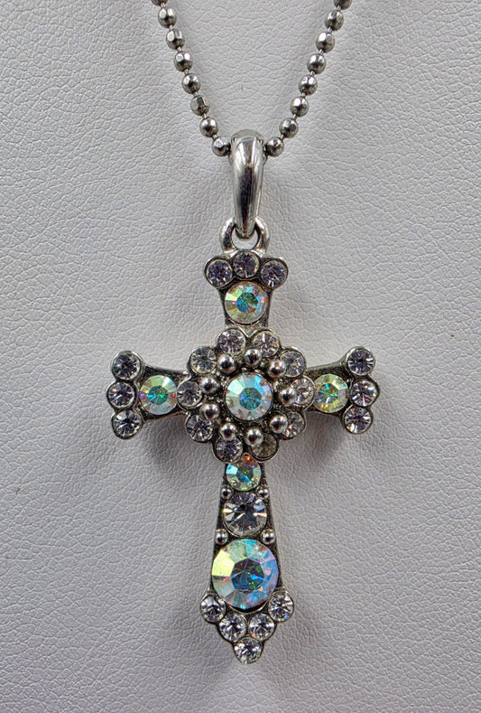 PREMIER DESIGNS Vintage 16"-19"  Silver Tone/Aurora Borealis Rhinestone Cross Necklace