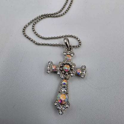 PREMIER DESIGNS Vintage 16"-19"  Silver Tone/Aurora Borealis Rhinestone Cross Necklace