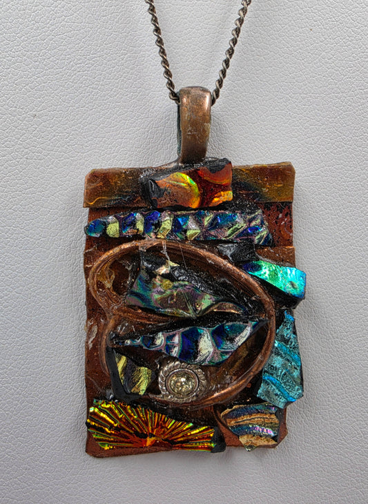 19" Artisan Copper/Art Glass Chip Pendant And Necklace