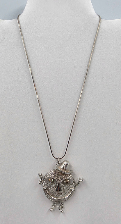 1970's Vintage Silver Tone Happy Face Figure With Clear Rhinestone Dangle Eyes Pendant and 18" Necklace