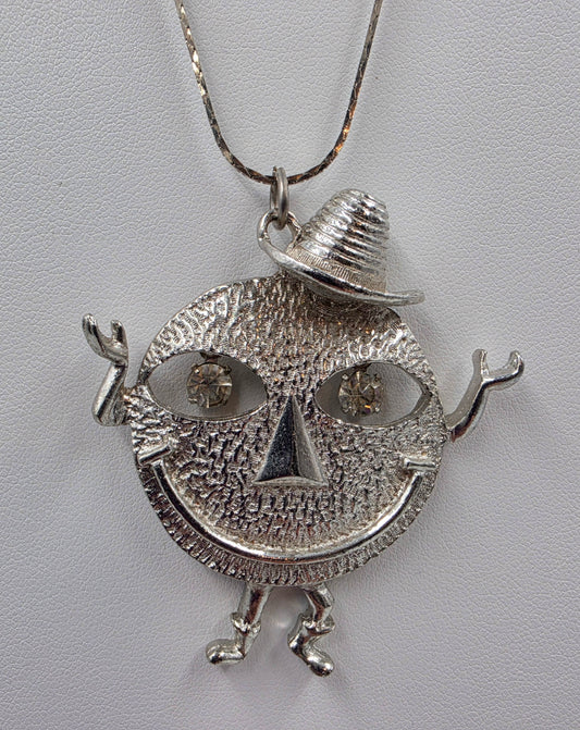 1970's Vintage Silver Tone Happy Face Figure With Clear Rhinestone Dangle Eyes Pendant and 18" Necklace