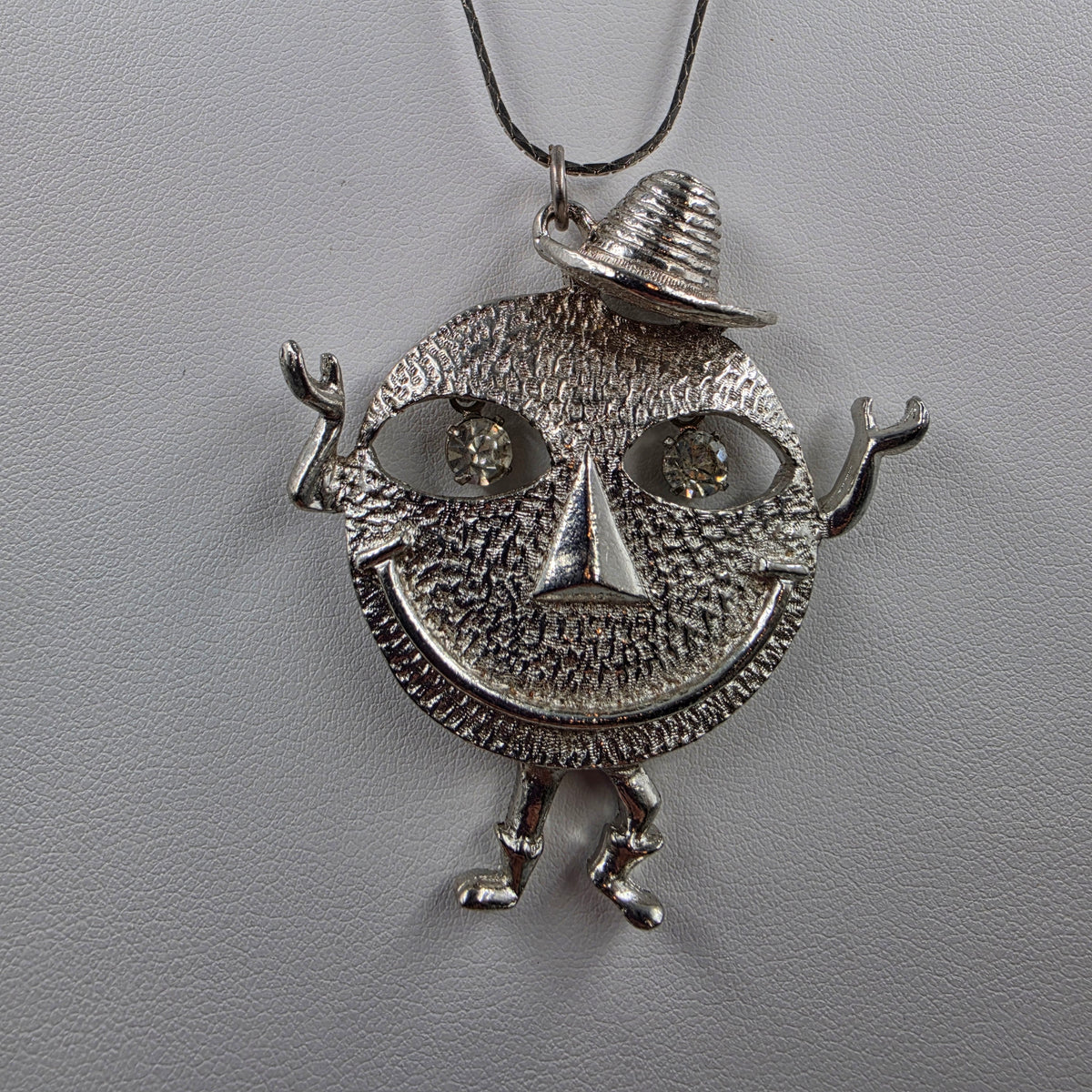 1970's Vintage Silver Tone Happy Face Figure With Clear Rhinestone Dangle Eyes Pendant and 18" Necklace