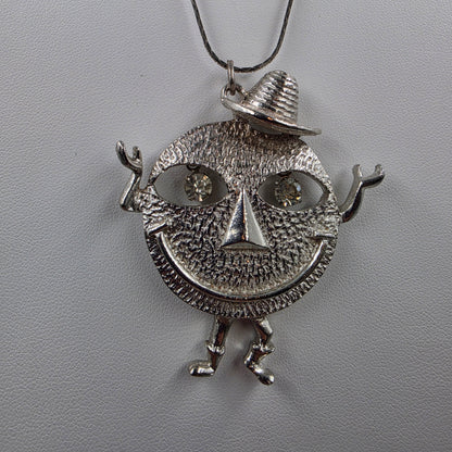 1970's Vintage Silver Tone Happy Face Figure With Clear Rhinestone Dangle Eyes Pendant and 18" Necklace