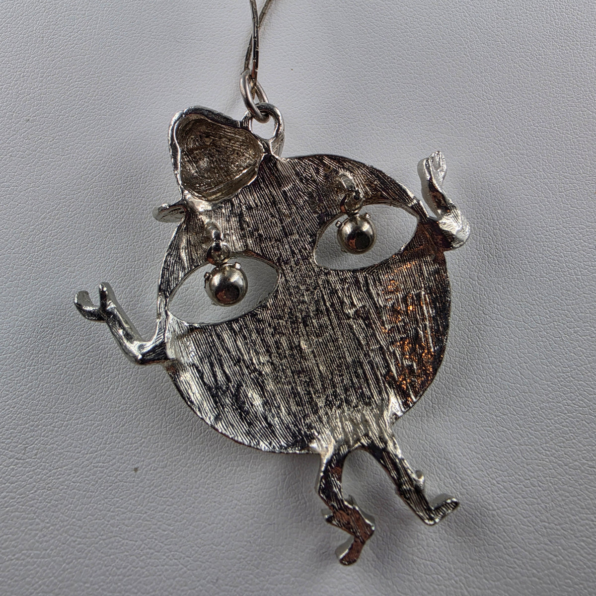 1970's Vintage Silver Tone Happy Face Figure With Clear Rhinestone Dangle Eyes Pendant and 18" Necklace