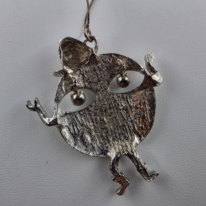 1970's Vintage Silver Tone Happy Face Figure With Clear Rhinestone Dangle Eyes Pendant and 18" Necklace