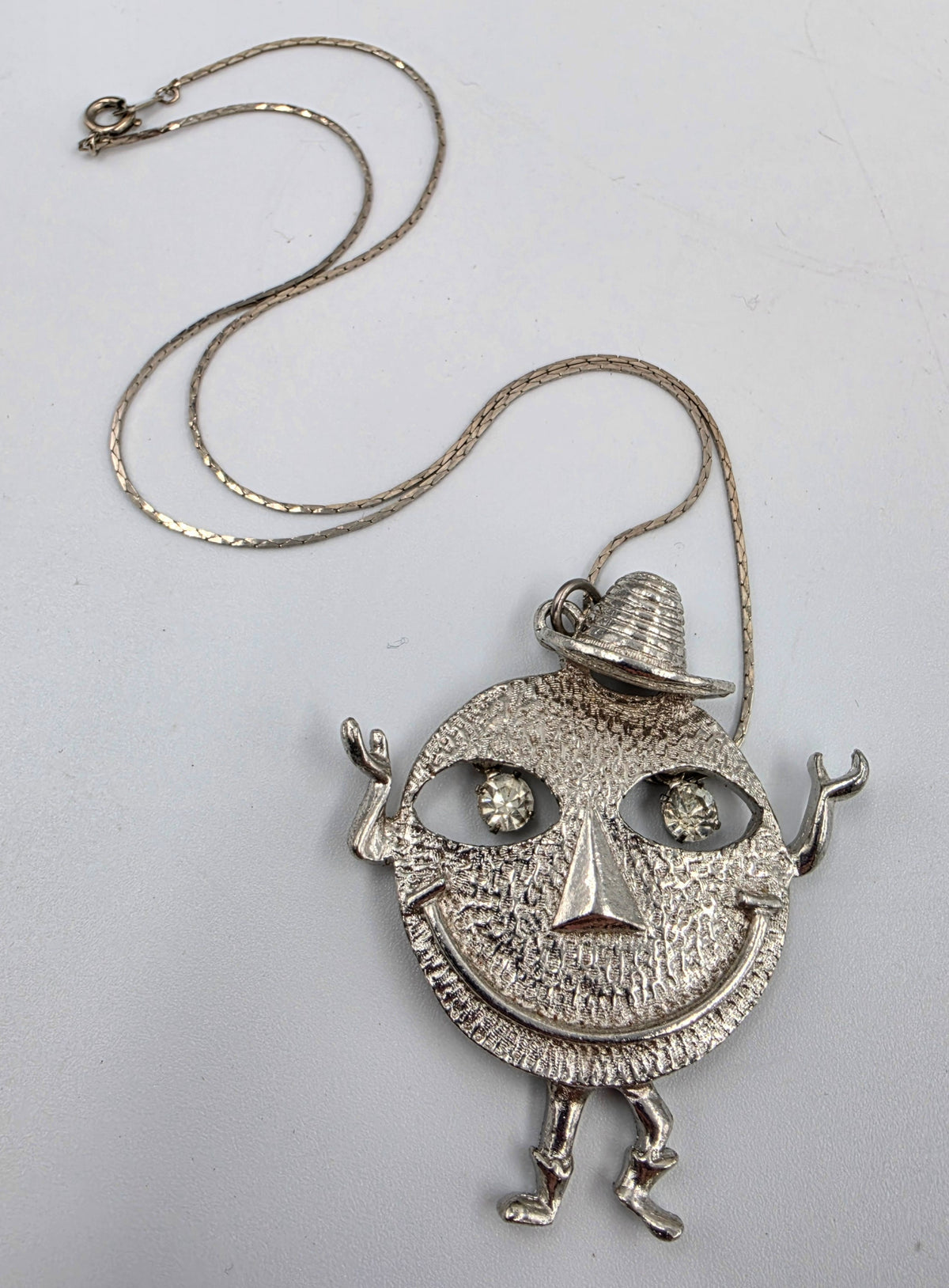 1970's Vintage Silver Tone Happy Face Figure With Clear Rhinestone Dangle Eyes Pendant and 18" Necklace