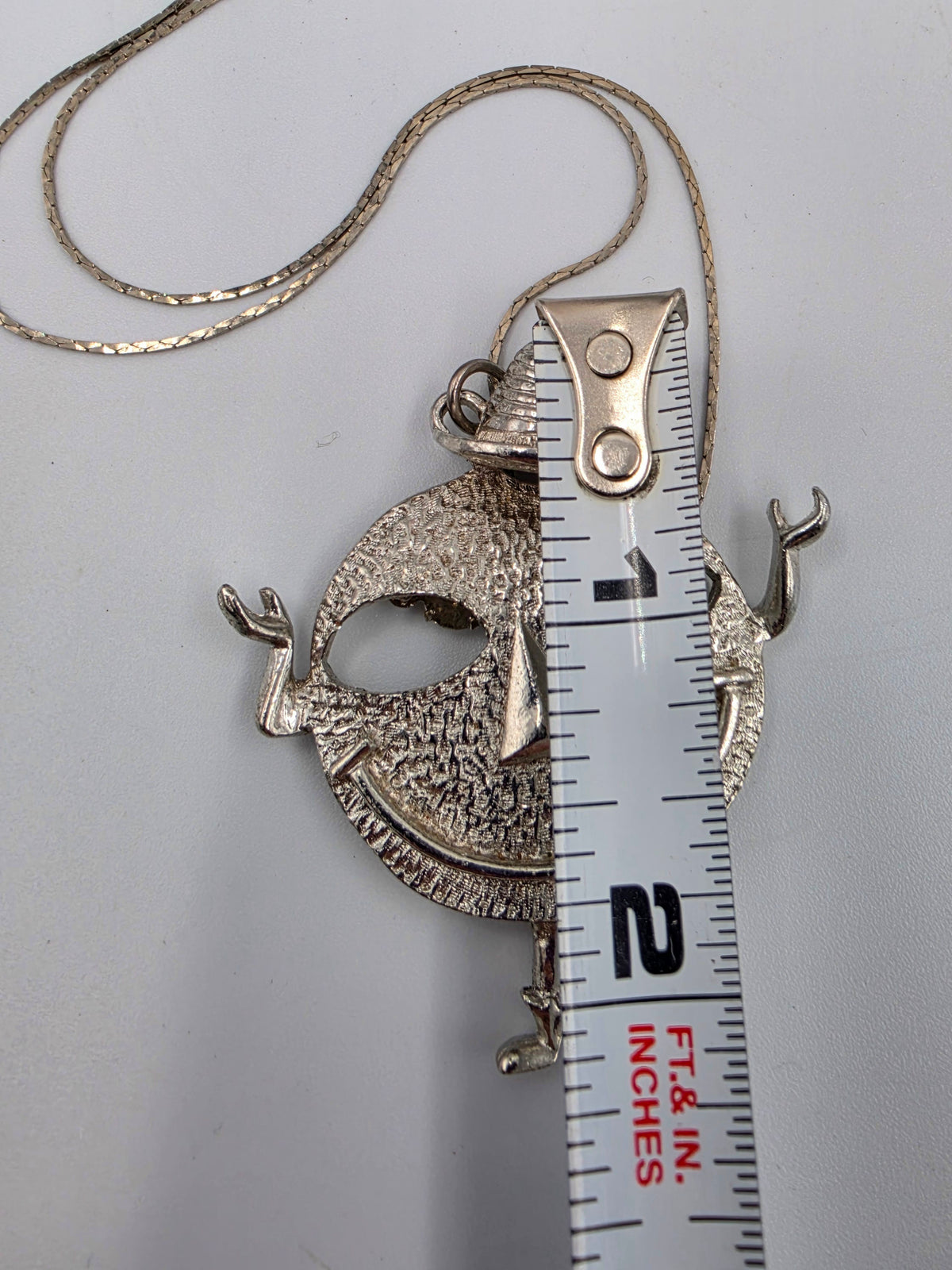1970's Vintage Silver Tone Happy Face Figure With Clear Rhinestone Dangle Eyes Pendant and 18" Necklace