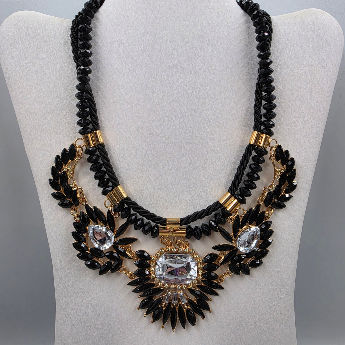 18"-19.5" Vintage Black/Clear Rhinestone Gold Accented Bib Statement Necklace