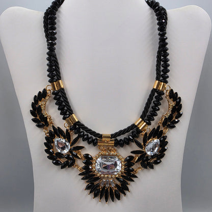 18"-19.5" Vintage Black/Clear Rhinestone Gold Accented Bib Statement Necklace