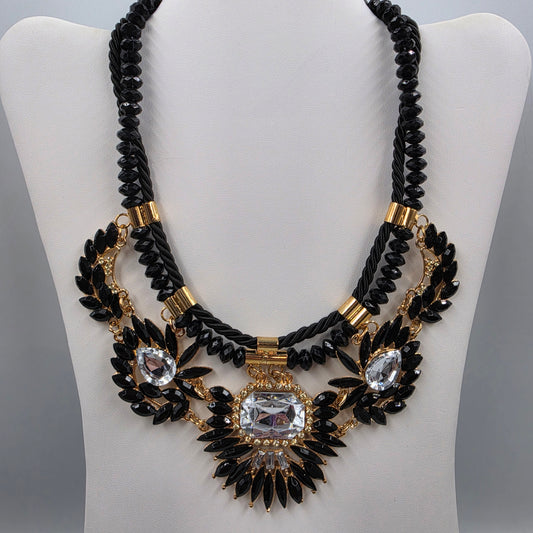 18"-19.5" Vintage Black/Clear Rhinestone Gold Accented Bib Statement Necklace