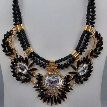 18"-19.5" Vintage Black/Clear Rhinestone Gold Accented Bib Statement Necklace