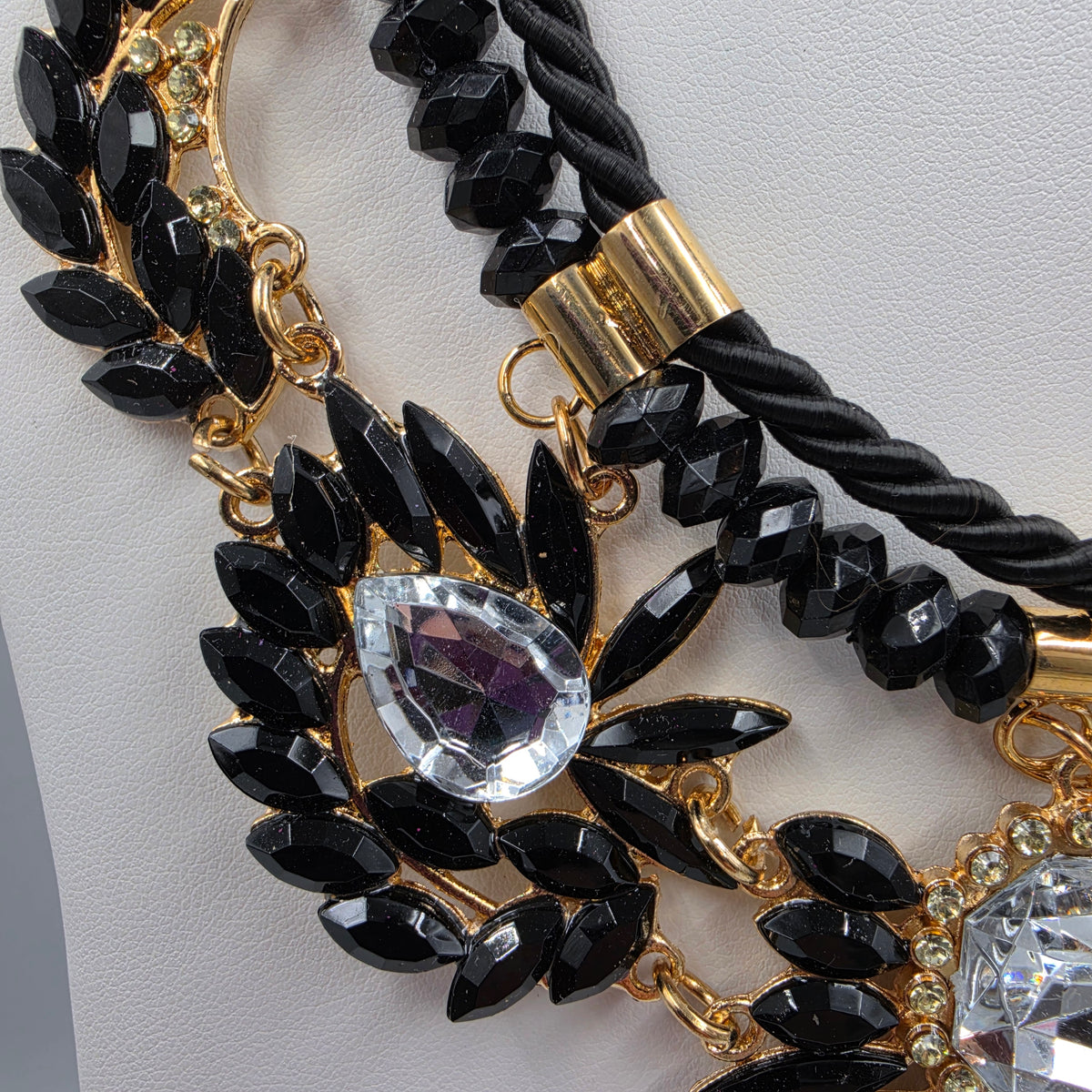 18"-19.5" Vintage Black/Clear Rhinestone Gold Accented Bib Statement Necklace