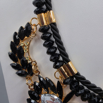 18"-19.5" Vintage Black/Clear Rhinestone Gold Accented Bib Statement Necklace