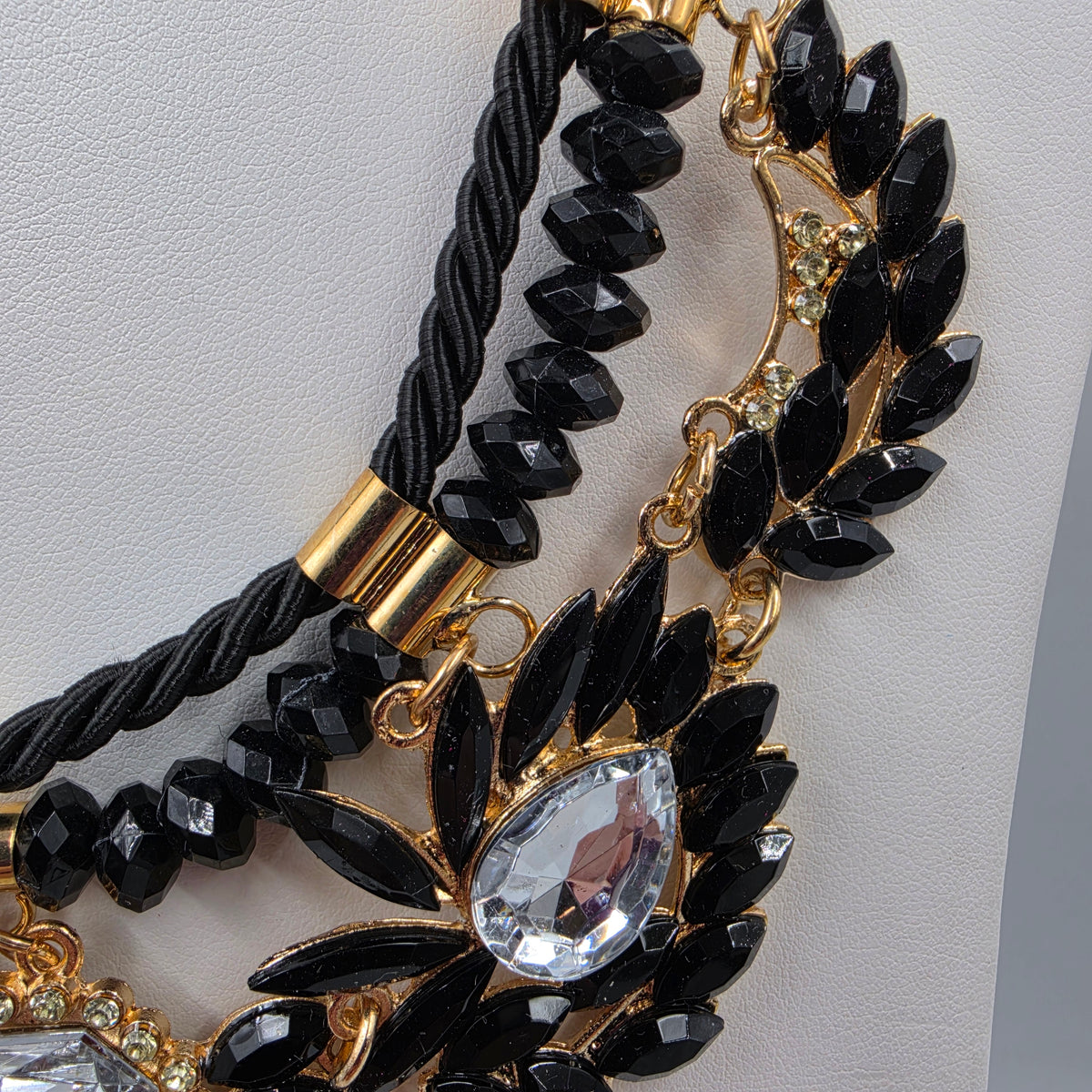 18"-19.5" Vintage Black/Clear Rhinestone Gold Accented Bib Statement Necklace