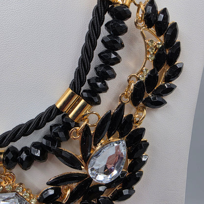 18"-19.5" Vintage Black/Clear Rhinestone Gold Accented Bib Statement Necklace