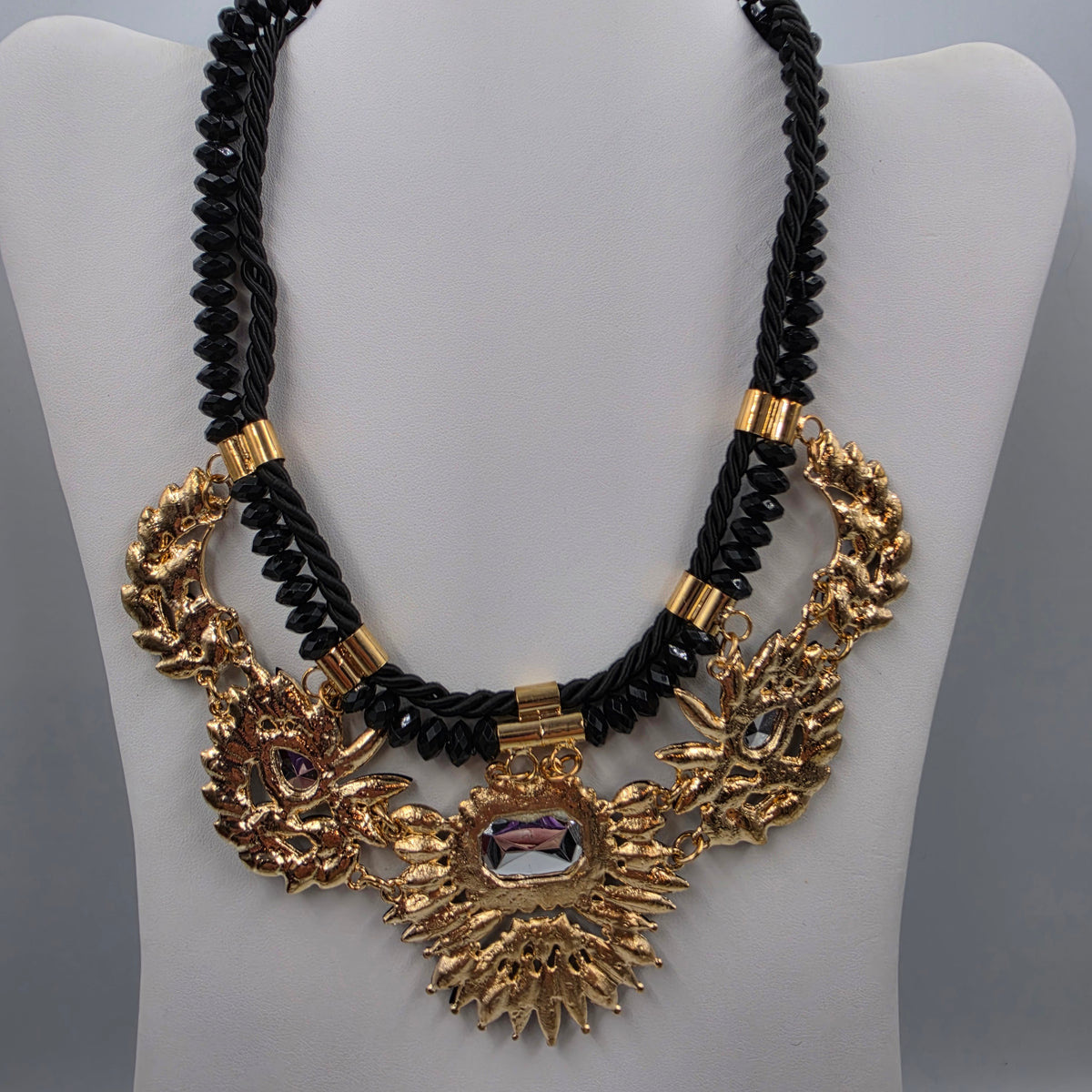 18"-19.5" Vintage Black/Clear Rhinestone Gold Accented Bib Statement Necklace