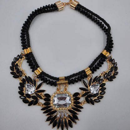 18"-19.5" Vintage Black/Clear Rhinestone Gold Accented Bib Statement Necklace