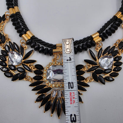 18"-19.5" Vintage Black/Clear Rhinestone Gold Accented Bib Statement Necklace