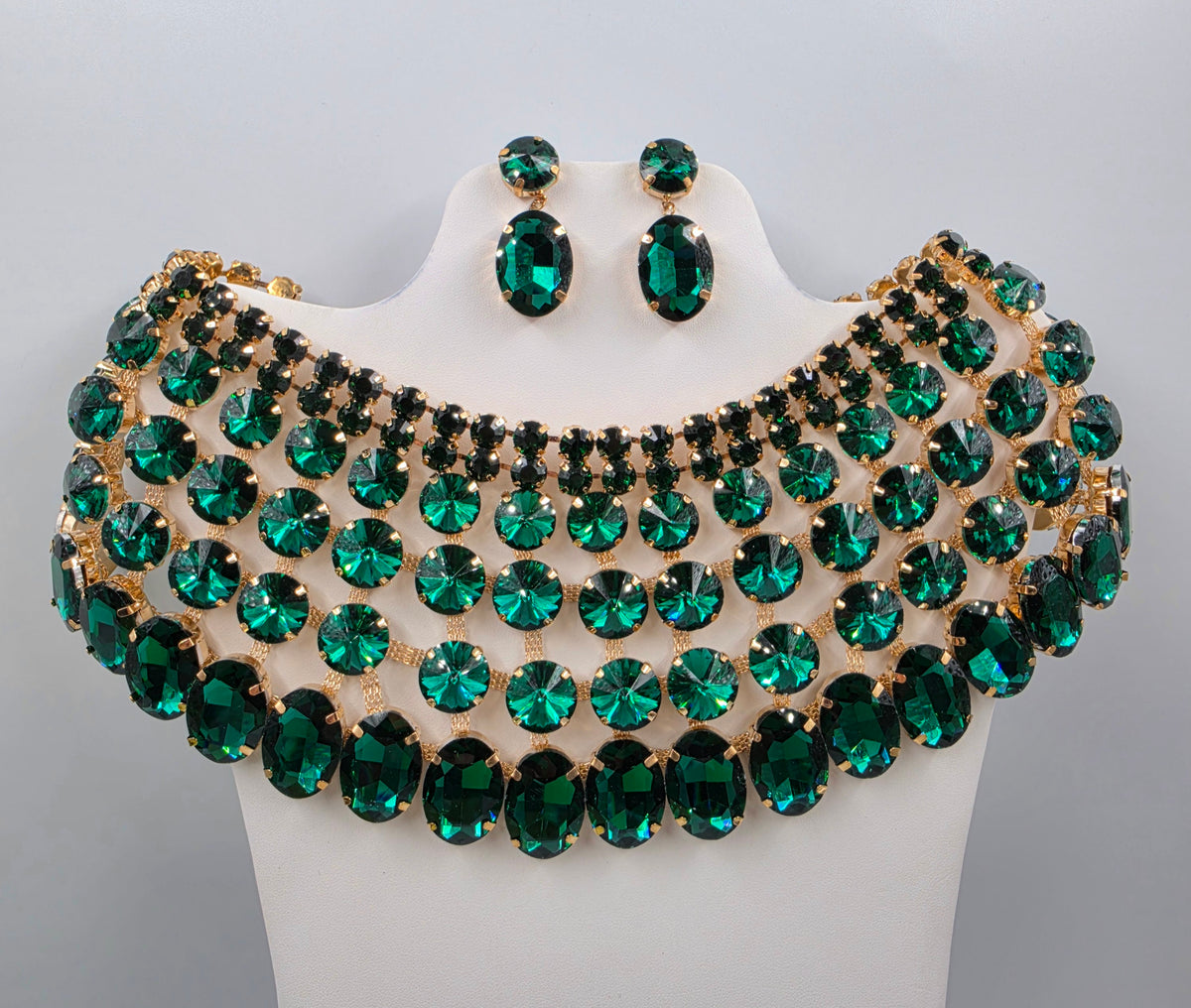 13"-17" Vintage Green Rhinestone Choker Bib Statement Necklace