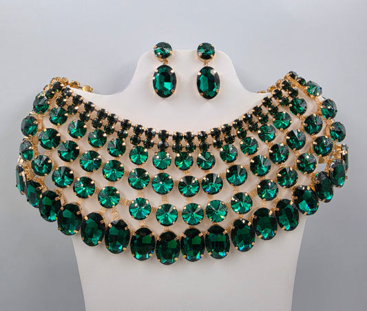 13"-17" Vintage Green Rhinestone Choker Bib Statement Necklace