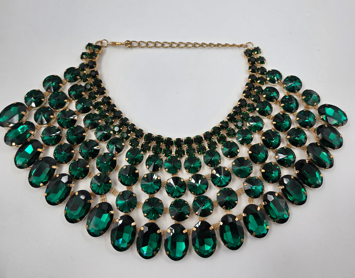13"-17" Vintage Green Rhinestone Choker Bib Statement Necklace