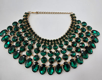 13"-17" Vintage Green Rhinestone Choker Bib Statement Necklace