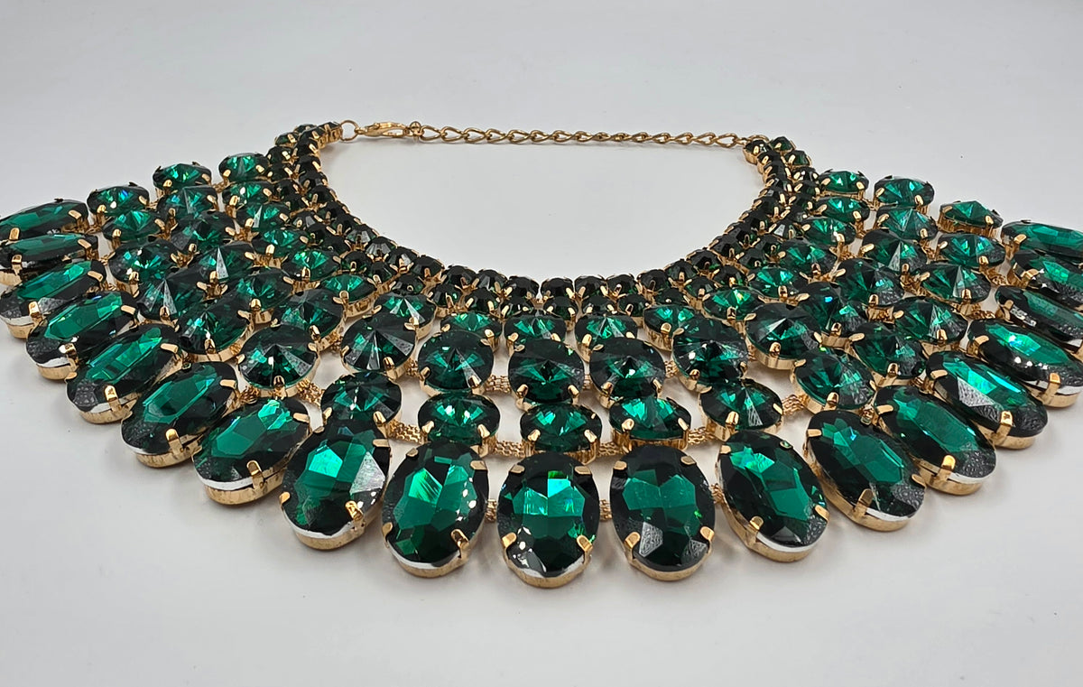 13"-17" Vintage Green Rhinestone Choker Bib Statement Necklace