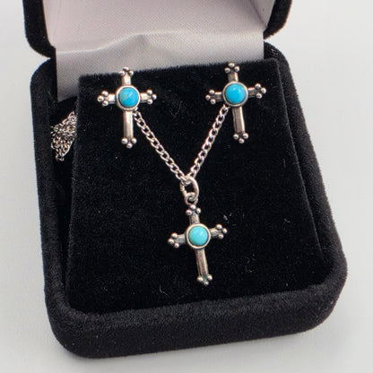Sterling Silver/Turquoise 18" Necklace And Matching Earrings