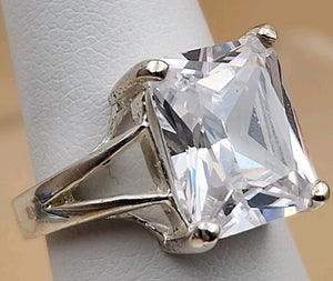 Sterling Silver/Crystal Emerald Cut Solitaire Ring Size 5.5