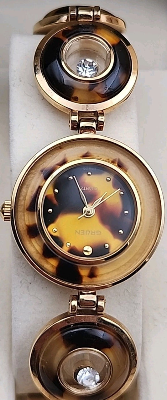 GRUEN  Vintage Tortoise Shell Design/Gold Tone/Crystal Watch/Necklace/EarringSet