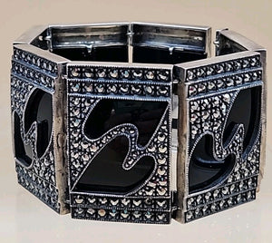 JUDITH JACK Vintage Sterling Silver Black Onyx/Marcasite Panel Bracelet