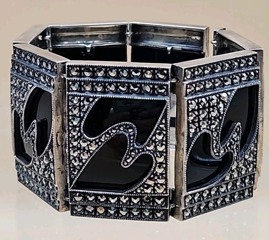 JUDITH JACK Vintage Sterling Silver Black Onyx/Marcasite Panel Bracelet