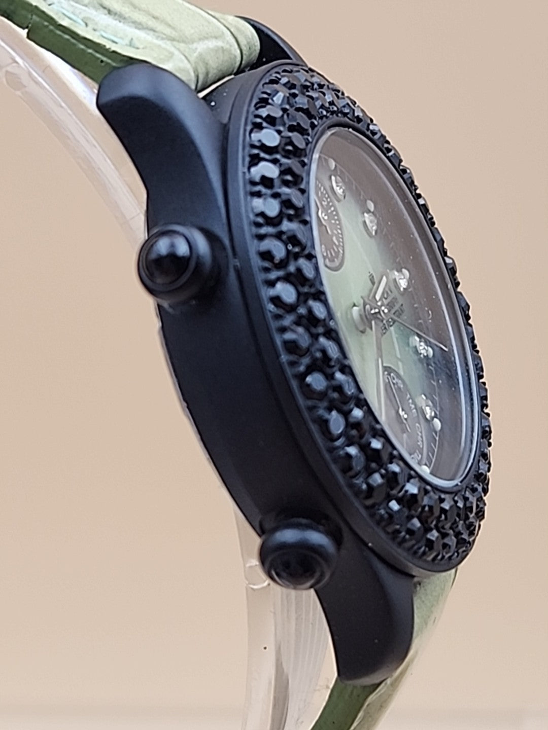 CROTON Green Leather Band/Chronograph/Water Resistant Gemmed Womens Watch