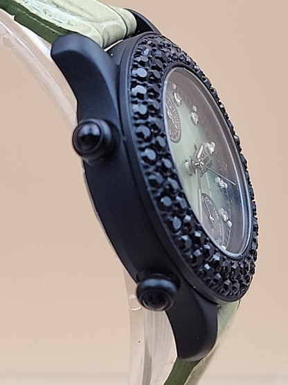 CROTON Green Leather Band/Chronograph/Water Resistant Gemmed Womens Watch