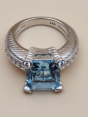 JUDITH RIPKA Aquamarine/Cubic Zirconia/Sterling Silver Ring Size 6