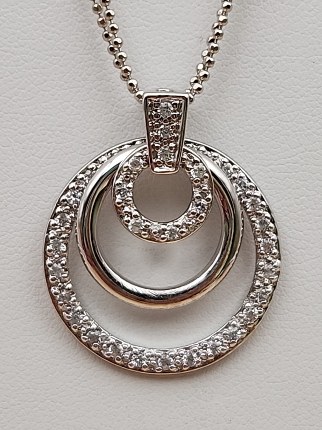 Sterling Silver Dbl. Beaded Chain/ Triple Circle Crystal Pendant & Earrings Set
