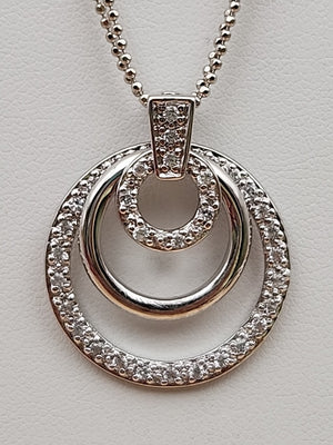 Sterling Silver Dbl. Beaded Chain/ Triple Circle Crystal Pendant & Earrings Set