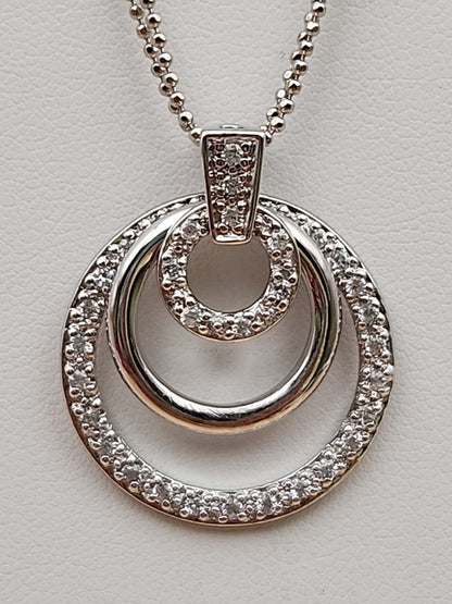 Sterling Silver Dbl. Beaded Chain/ Triple Circle Crystal Pendant & Earrings Set