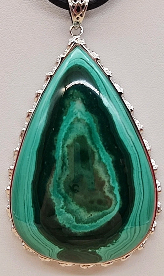 Green Malachite/Sterling Silver/Elephant Design Bezel Statement Pendant