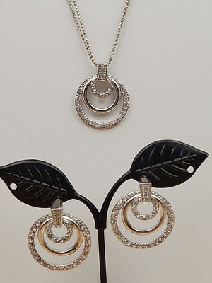 Sterling Silver Dbl. Beaded Chain/ Triple Circle Crystal Pendant & Earrings Set