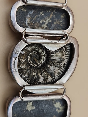 Pyritized Ammonite Shell/Pyrite/Quartz/Smoky Quartz/Sterling Adjustable Bracelet